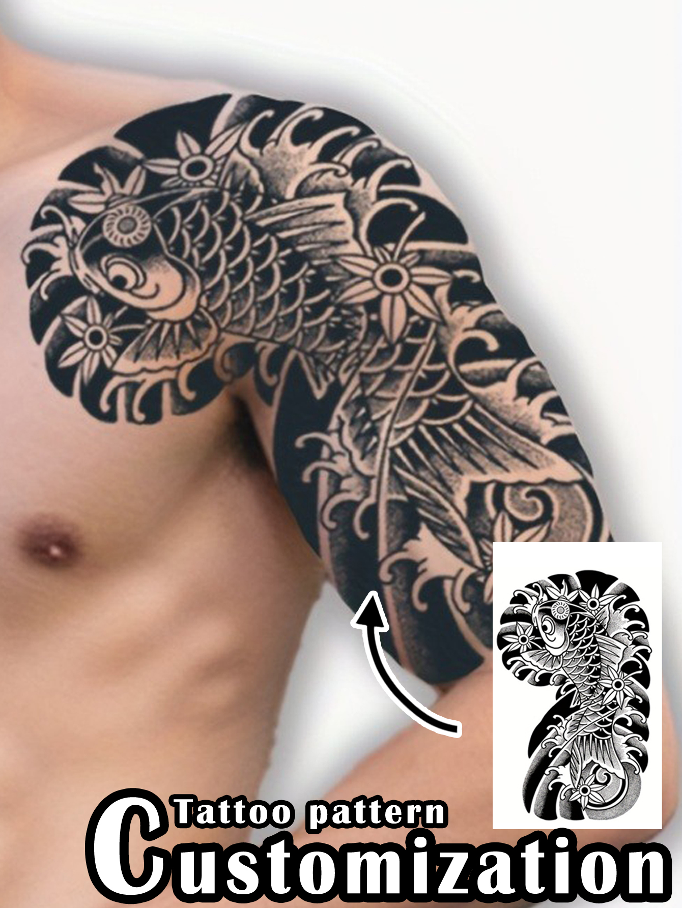 Black Wave Koi Arm Tattoo Patch